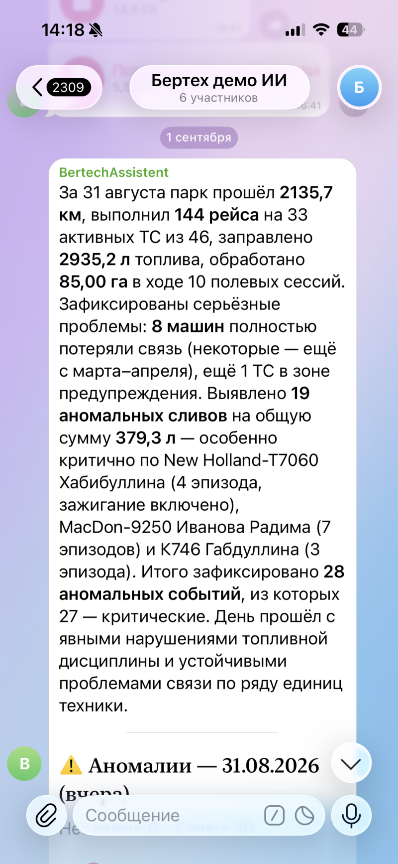 Сводка бота Бертех за день